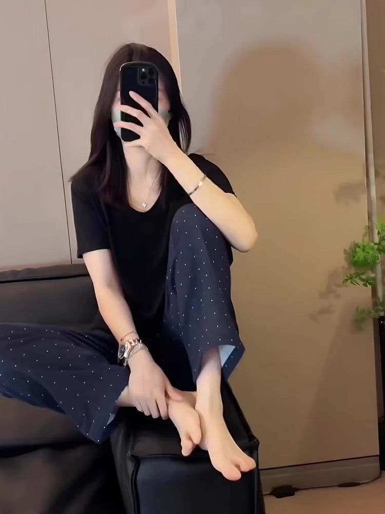 있음 주머니 9부 바지 여름 스트레이트 도트 무늬 캐주얼 와이드 레그 팬츠 새로운 루즈핏 슬림해 보이는 하이웨이스트 캐주얼 상세 이미지 6