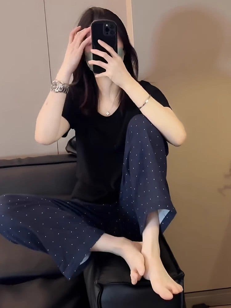 있음 주머니 9부 바지 여름 스트레이트 도트 무늬 캐주얼 와이드 레그 팬츠 새로운 루즈핏 슬림해 보이는 하이웨이스트 캐주얼 상세 이미지 7