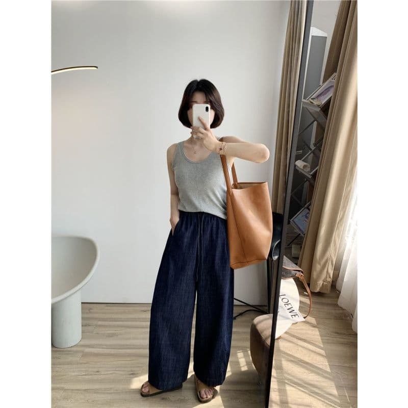 모방 데님 있음 주머니 패션 슈퍼 화재 펌프 로프 와이드 다리 캐주얼 바지 청바지 느긋한 캐주얼 9부 바지 이미지 4