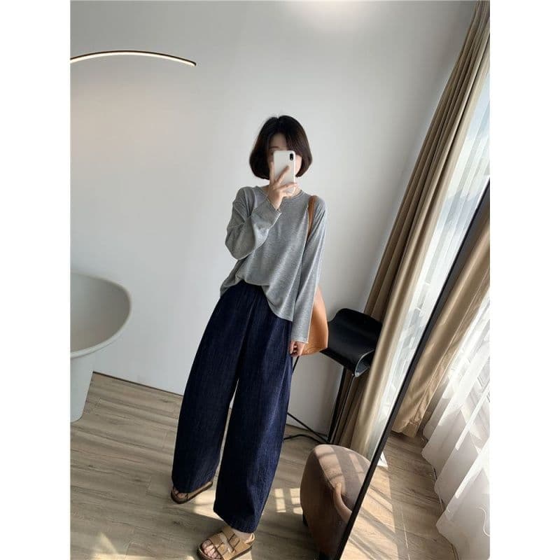 모방 데님 있음 주머니 패션 슈퍼 화재 펌프 로프 와이드 다리 캐주얼 바지 청바지 느긋한 캐주얼 9부 바지 이미지 2