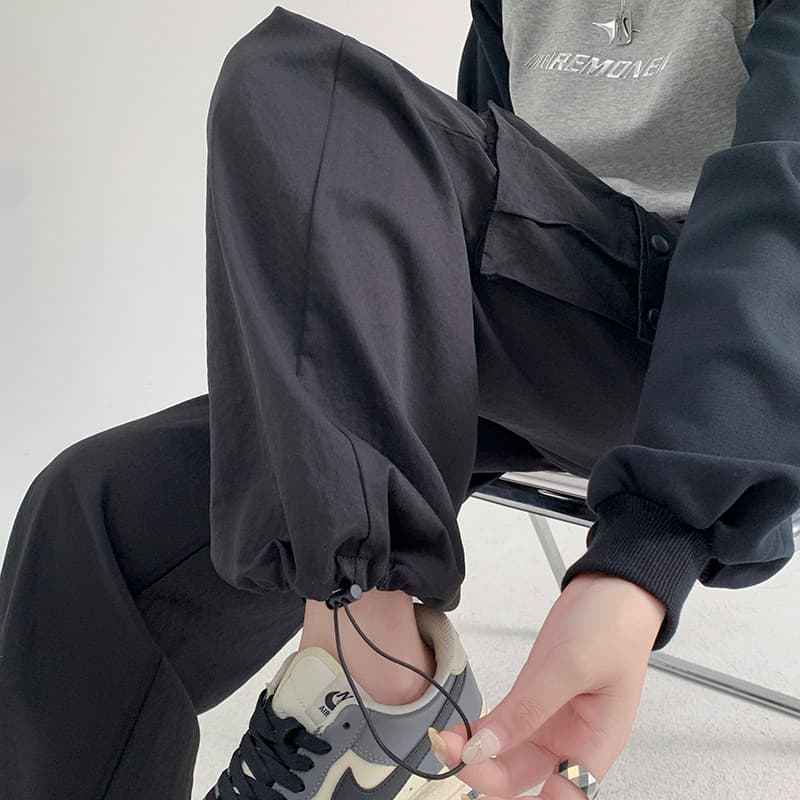 두 종류 바지 길다 검정색 워크웨어 팬츠 여성 봄 여름 가을 루즈핏 조거 요금 등산 넓은 다리 작은 키 운동 바지 이미지 4
