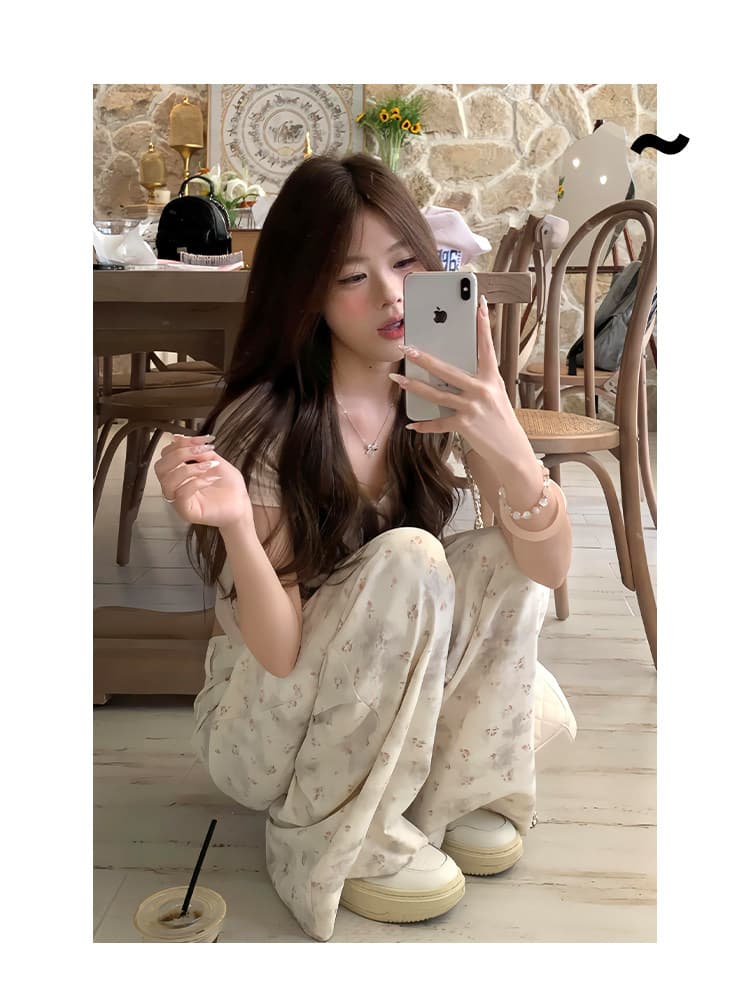 두 종류 바지 길다 꽃무늬 우유 푸 정장 와이드 레깅스 바지 여름 새로운 하이웨이스트 도루 센스 루즈핏 스트레이트 캐주얼 바지 상세 이미지 12