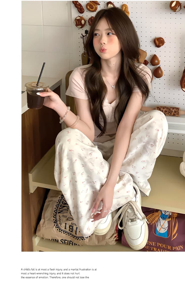 두 종류 바지 길다 꽃무늬 우유 푸 정장 와이드 레깅스 바지 여름 새로운 하이웨이스트 도루 센스 루즈핏 스트레이트 캐주얼 바지 상세 이미지 13