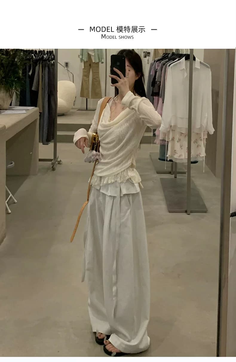 원본 것 슈퍼 화재 허리밴드 여름 느긋한 바람 디자인 센스 페이크 레이어드 방귀 커튼 레이스업 하이웨이스트 넓은 다리 바지 상세 이미지 5