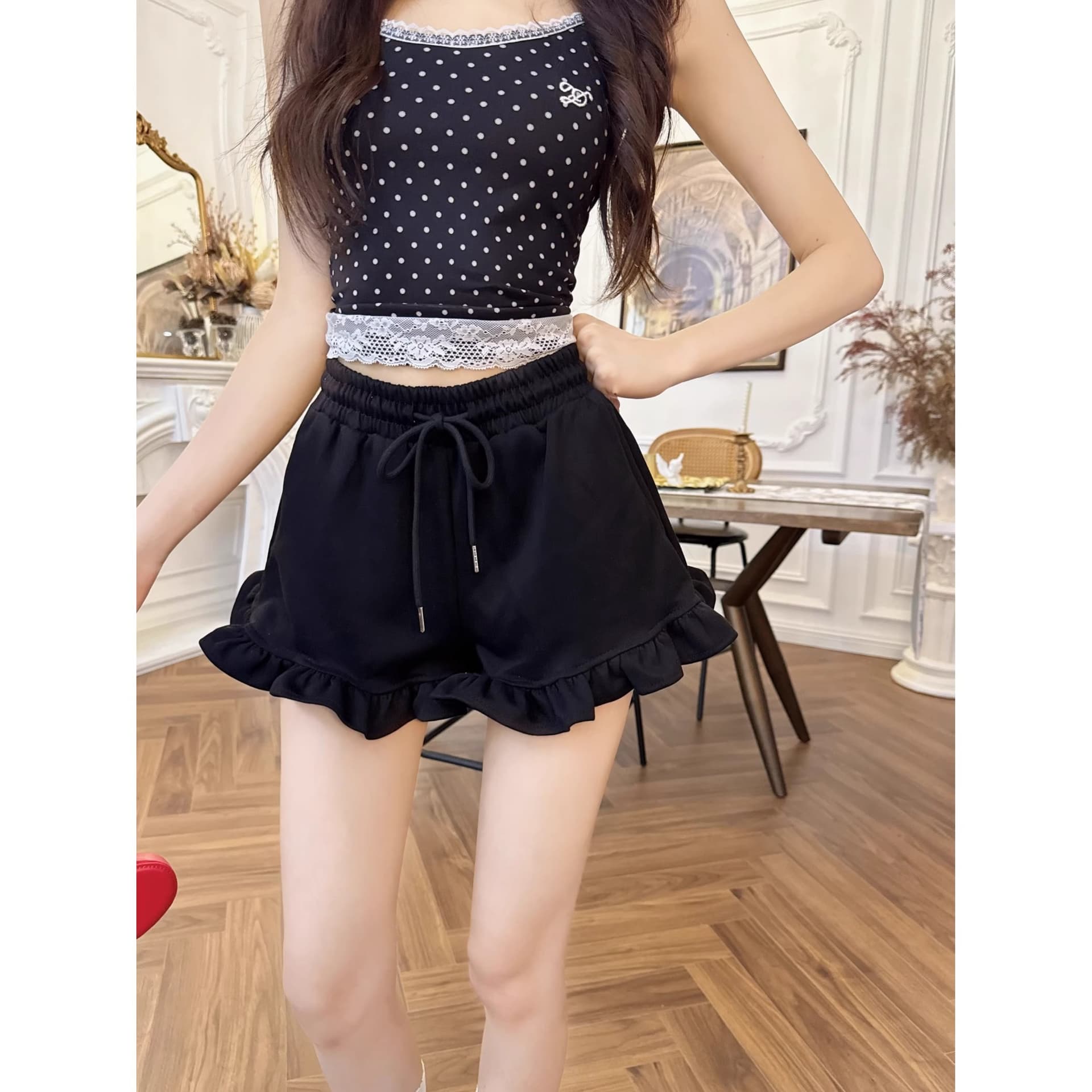달콤한 핫걸 검정색 프릴 캐주얼 반바지 여성 여름 작은 키 하이웨이스트 레이스 핫 바지 초단바지 바지 이미지 3