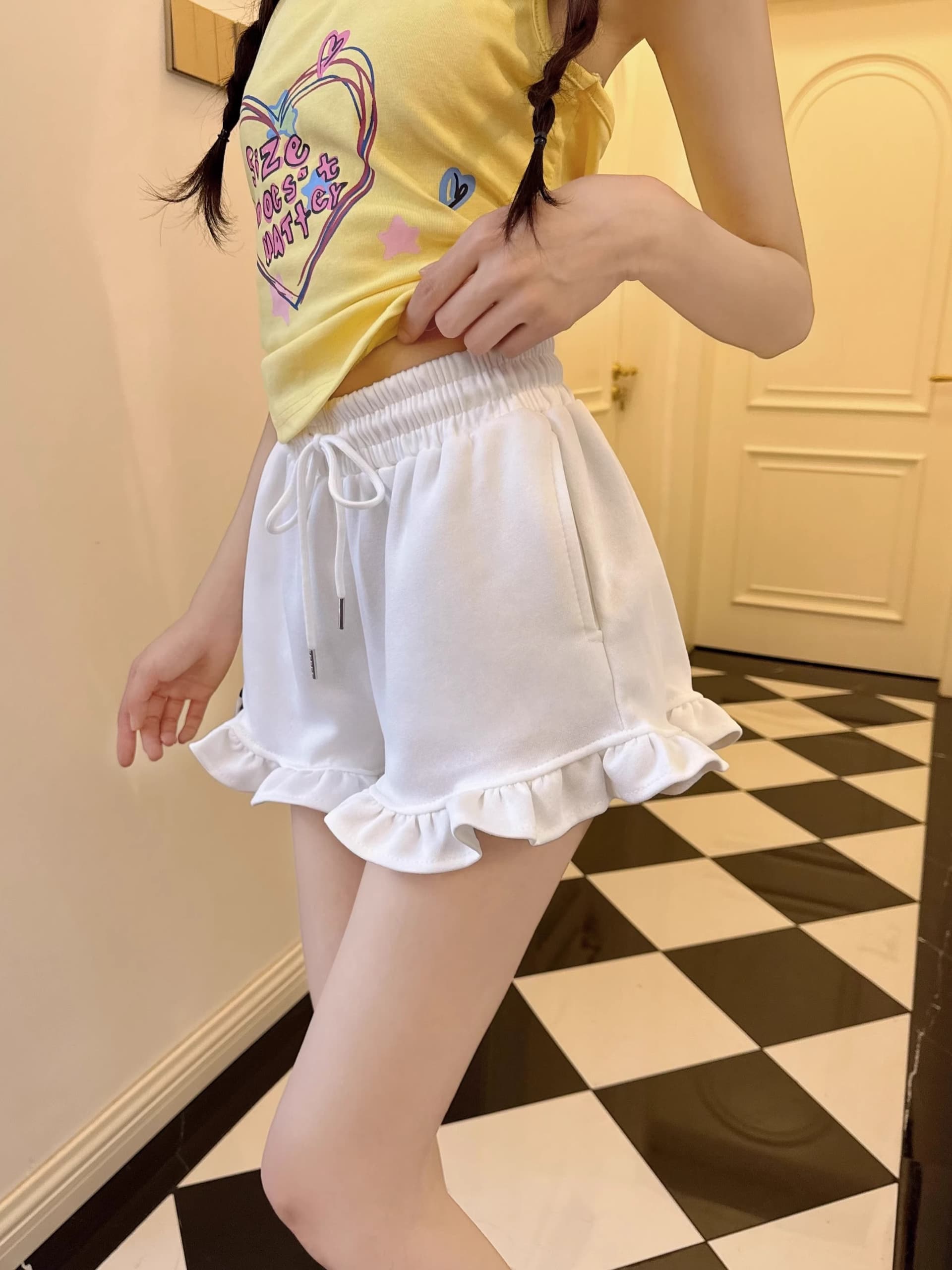 달콤한 핫걸 검정색 프릴 캐주얼 반바지 여성 여름 작은 키 하이웨이스트 레이스 핫 바지 초단바지 바지 상세 이미지 6