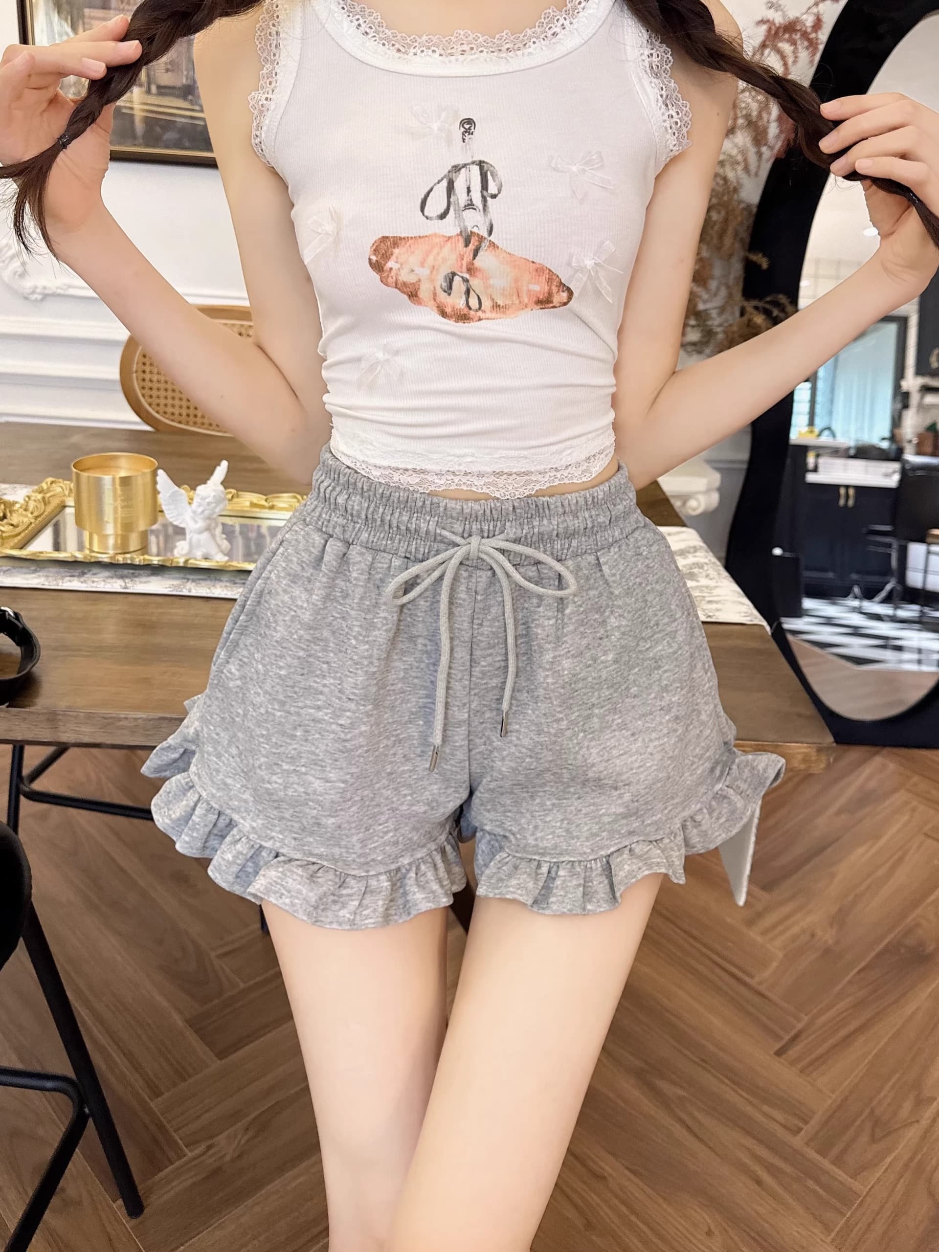 달콤한 핫걸 검정색 프릴 캐주얼 반바지 여성 여름 작은 키 하이웨이스트 레이스 핫 바지 초단바지 바지 상세 이미지 14