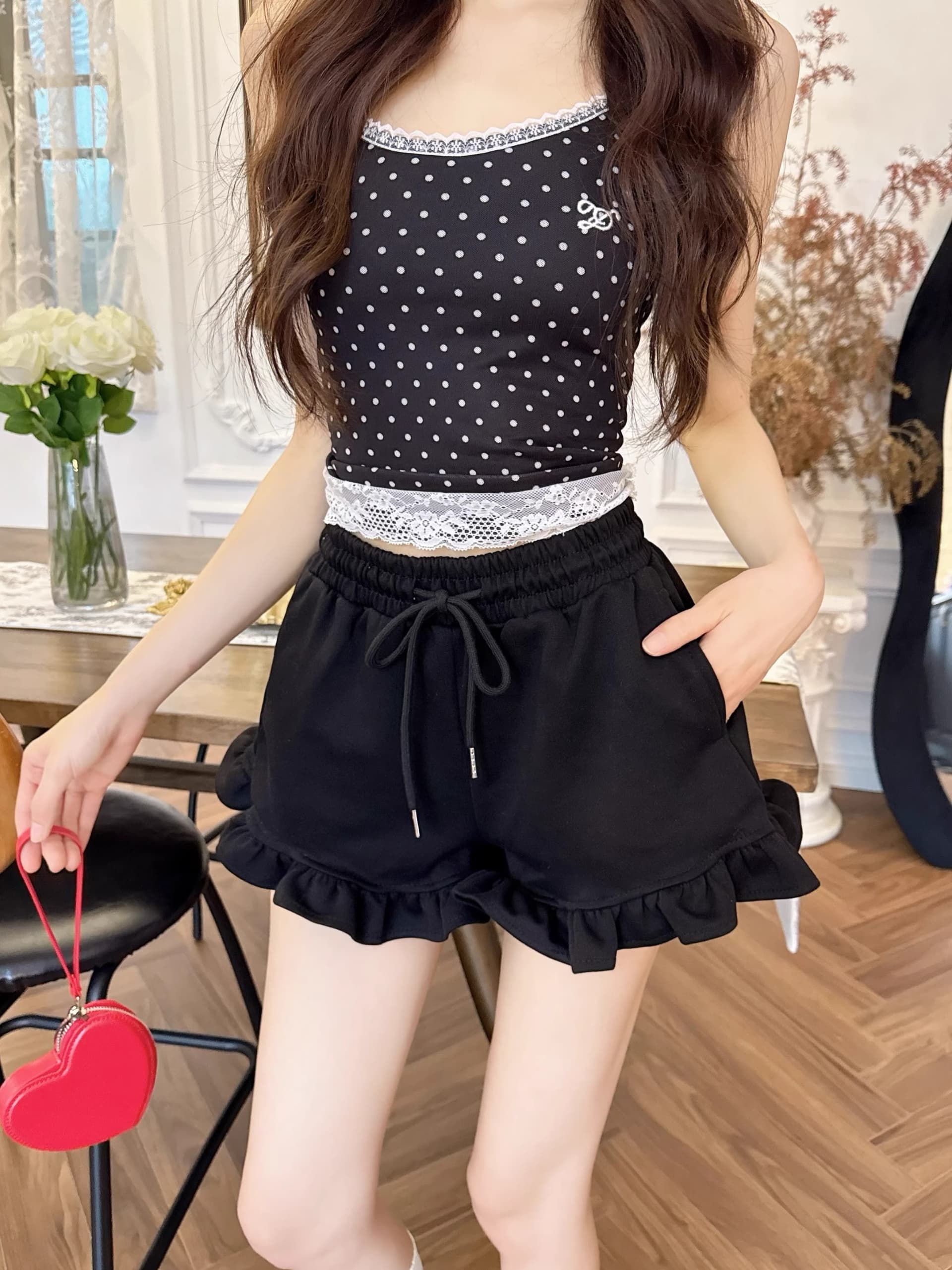 달콤한 핫걸 검정색 프릴 캐주얼 반바지 여성 여름 작은 키 하이웨이스트 레이스 핫 바지 초단바지 바지 상세 이미지 19