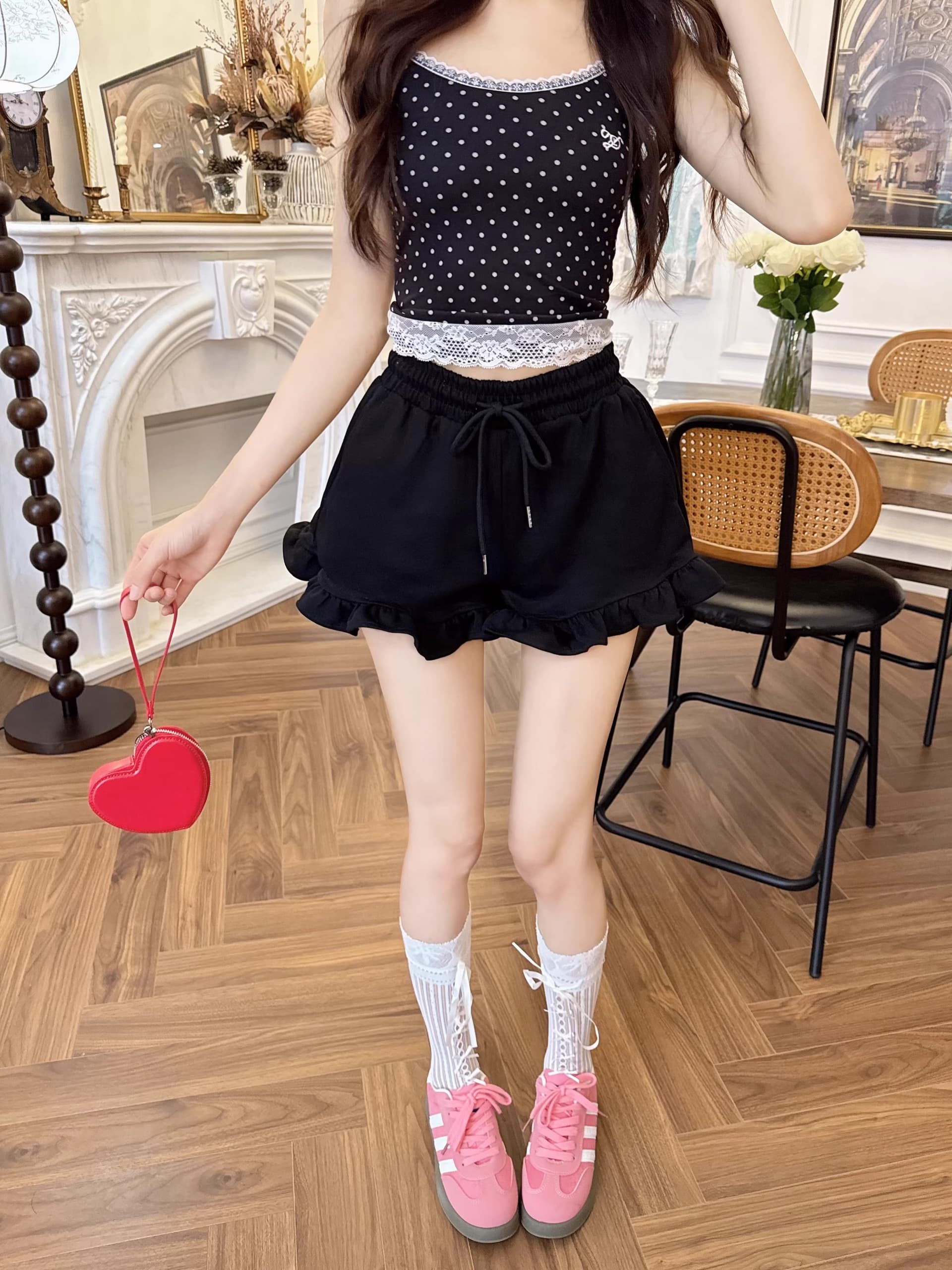 달콤한 핫걸 검정색 프릴 캐주얼 반바지 여성 여름 작은 키 하이웨이스트 레이스 핫 바지 초단바지 바지 상세 이미지 21