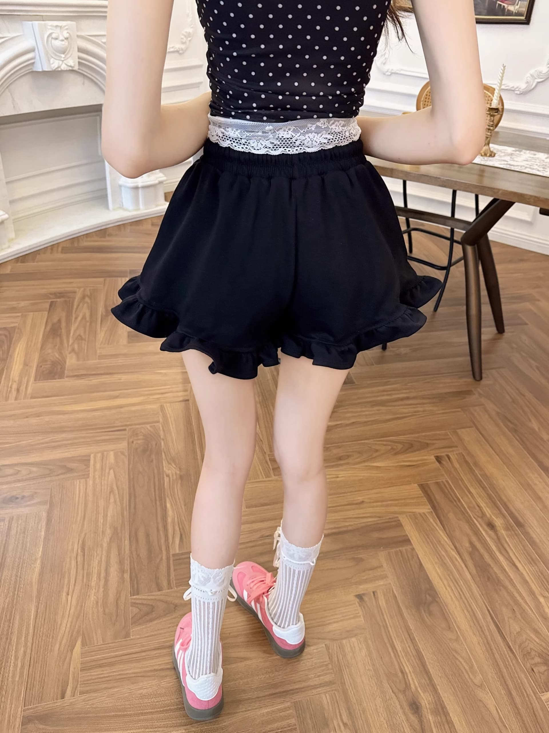 달콤한 핫걸 검정색 프릴 캐주얼 반바지 여성 여름 작은 키 하이웨이스트 레이스 핫 바지 초단바지 바지 상세 이미지 23