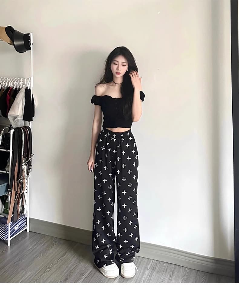 ins 바람 레트로 십자가 검정색 캐주얼 바지 여성 여름 새로운 루즈핏 와이드 레그 팬츠 하이웨이스트 스트레이트 바닥 청소 바지 상세 이미지 2