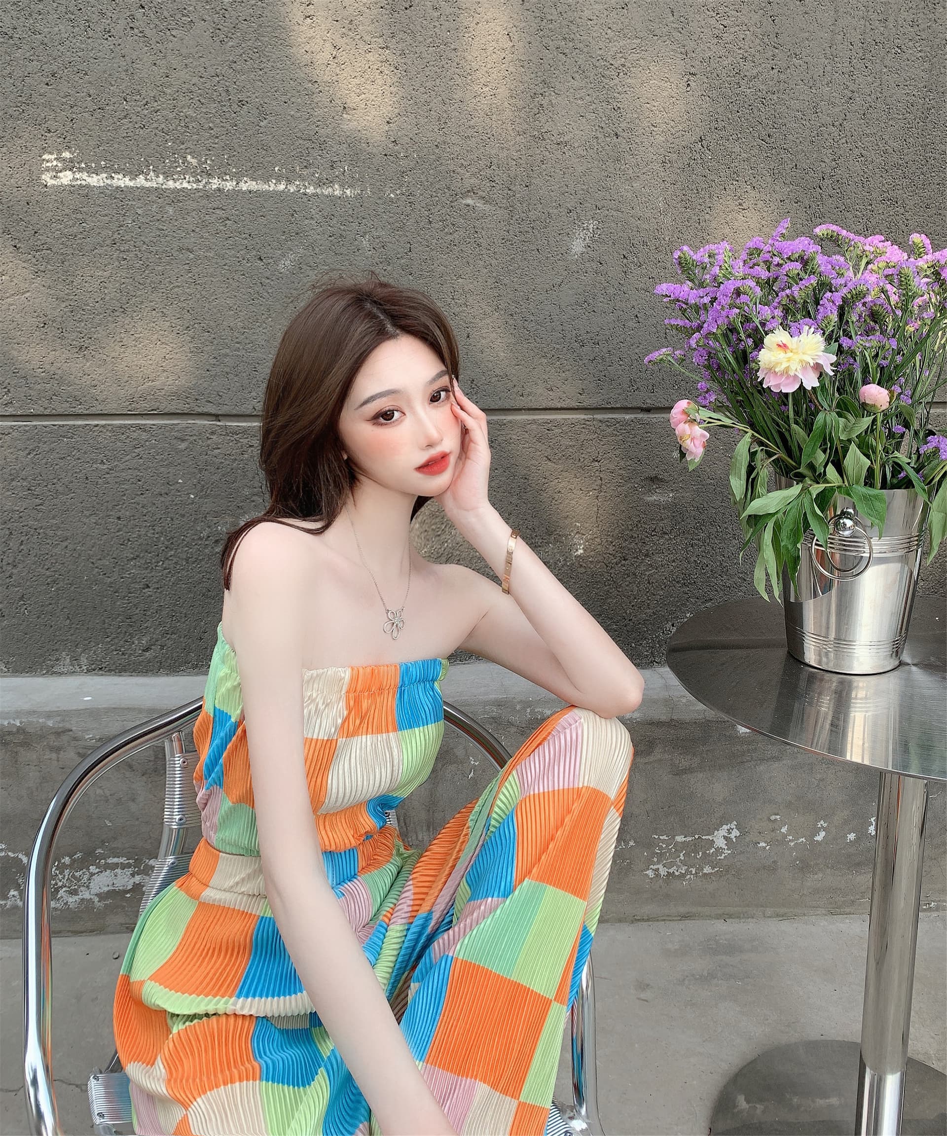 2026 패션 새로운 chic 바람 개성 체크무늬 디자인 튜브탑 순수한 욕망 캐주얼 슬림해 보이는 하이웨이스트 와이드 레그 팬츠 세트 상세 이미지 8