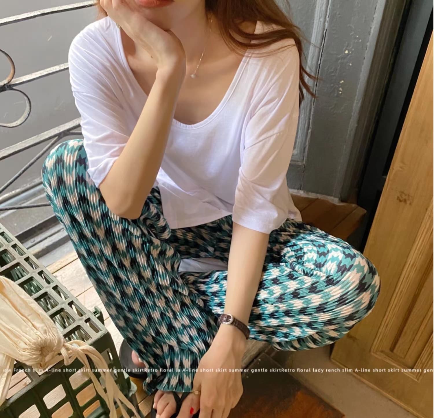 chic 얇은 스타일 체크무늬 플리츠 와이드 레깅스 바지 여름 하라주쿠 스타일 바지 루즈핏 스트레이트 도루 가을 센스 다용도 스트레이트 팬츠 상세 이미지 14