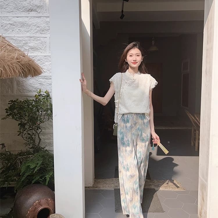 여름 다용도 슬림해 보이는 자외선 차단 얼음 실크 루즈핏 스트레이트 팬츠 하이웨이스트 도루 센스 느슨함 센스 느긋한 바람 굴곡 캐주얼 바지