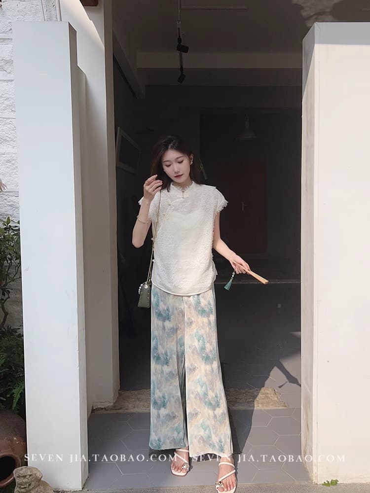 여름 다용도 슬림해 보이는 자외선 차단 얼음 실크 루즈핏 스트레이트 팬츠 하이웨이스트 도루 센스 느슨함 센스 느긋한 바람 굴곡 캐주얼 바지 상세 이미지 6