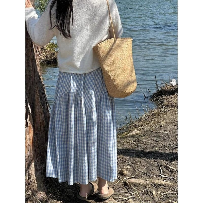 슈퍼 화재 블루 화이트 체크무늬 패치워크 반신 스커트 새로운 배 모양 몸 지방 mm 빅 사이즈 표지 넓적 다리 슬림해 보이는 큰 진자 A라인 스커트 이미지 4