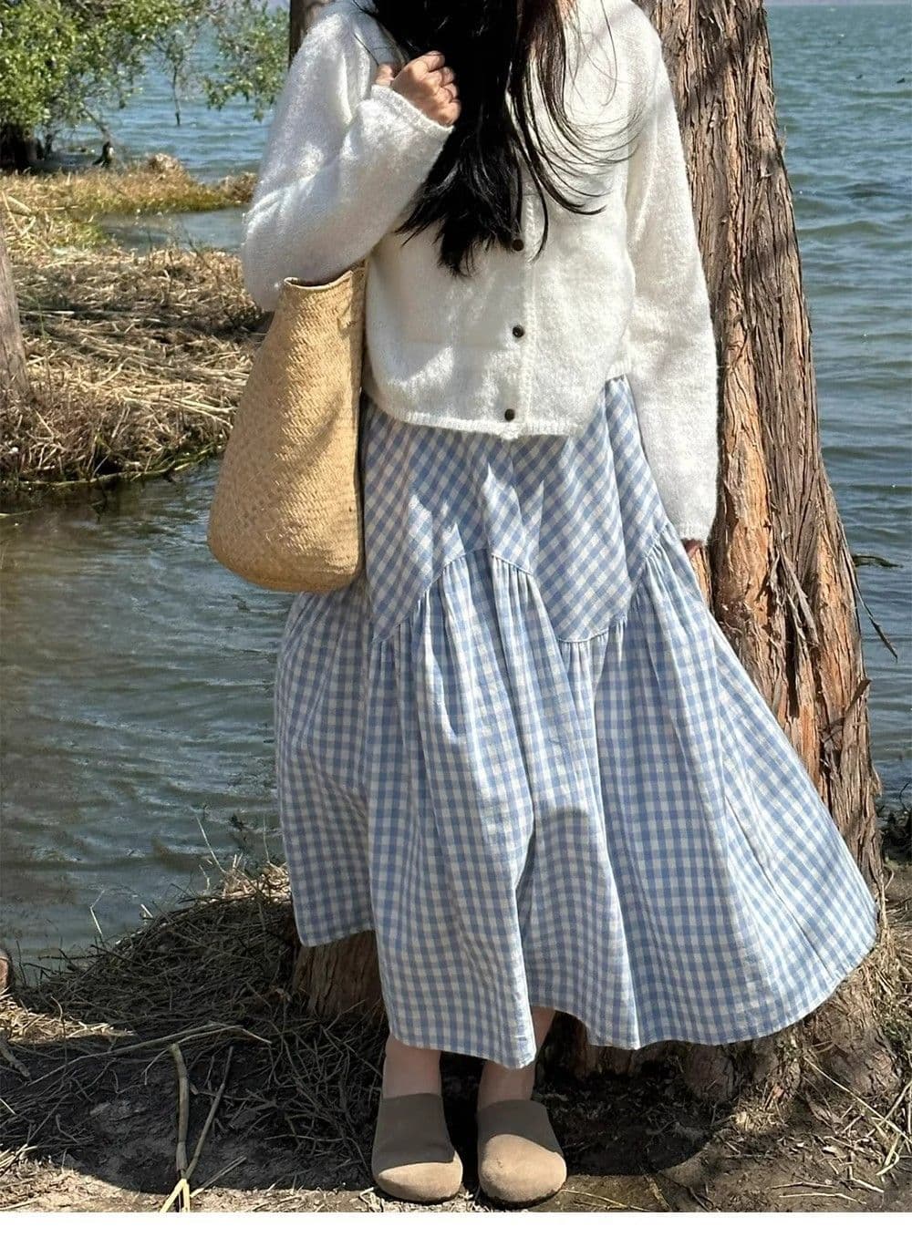 슈퍼 화재 블루 화이트 체크무늬 패치워크 반신 스커트 새로운 배 모양 몸 지방 mm 빅 사이즈 표지 넓적 다리 슬림해 보이는 큰 진자 A라인 스커트 상세 이미지 5