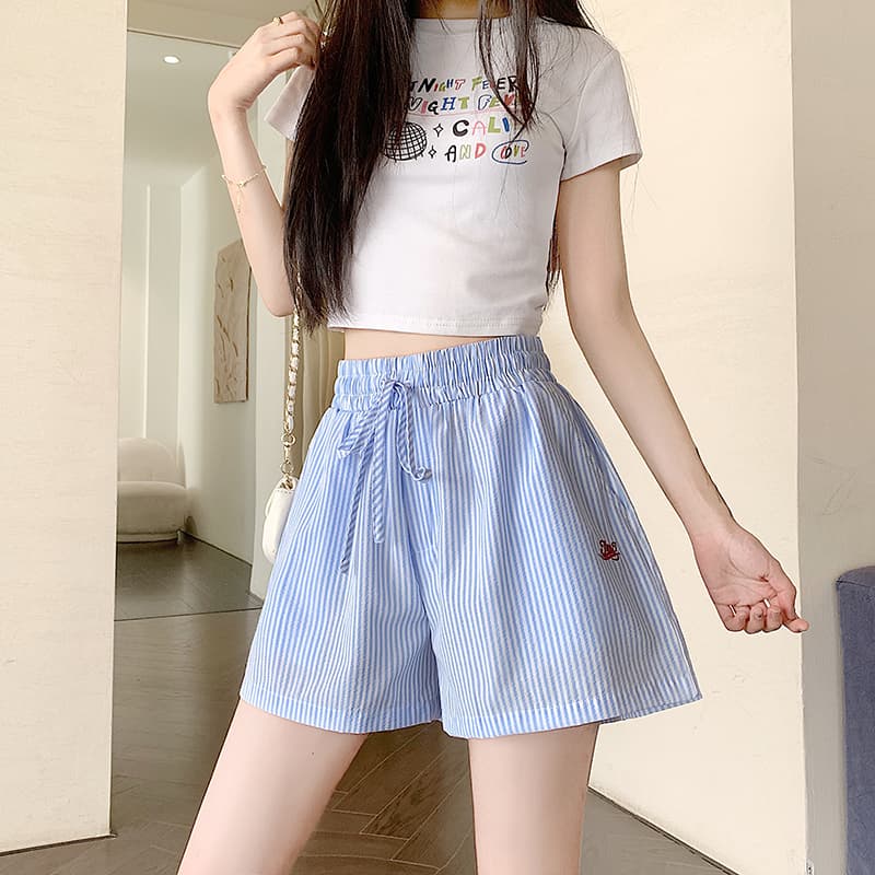 한국 동대문 슈퍼 화재 세로 줄무늬 펌프 로프 알파벳 자수 넓은 다리가 짧다. 바지 루즈핏 여름 핫 바지 캐주얼 바지 상세 이미지 7