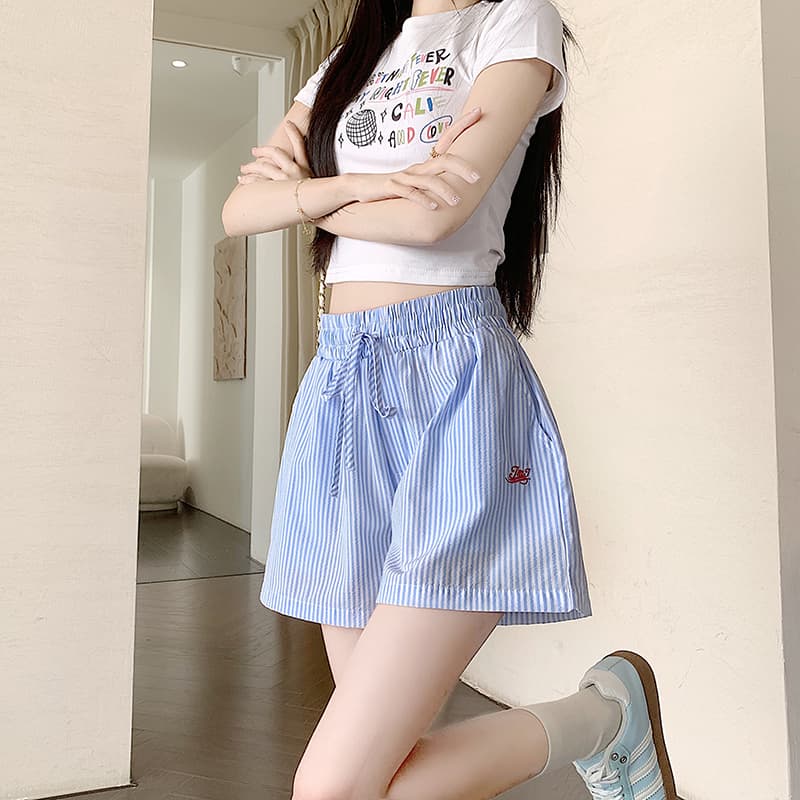 한국 동대문 슈퍼 화재 세로 줄무늬 펌프 로프 알파벳 자수 넓은 다리가 짧다. 바지 루즈핏 여름 핫 바지 캐주얼 바지 상세 이미지 8