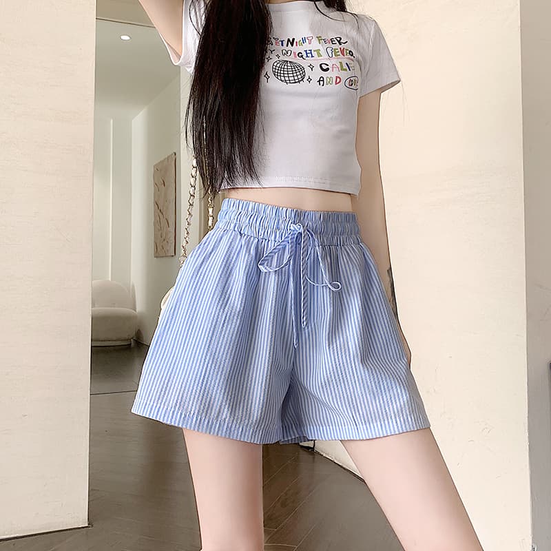 한국 동대문 슈퍼 화재 세로 줄무늬 펌프 로프 알파벳 자수 넓은 다리가 짧다. 바지 루즈핏 여름 핫 바지 캐주얼 바지 상세 이미지 9