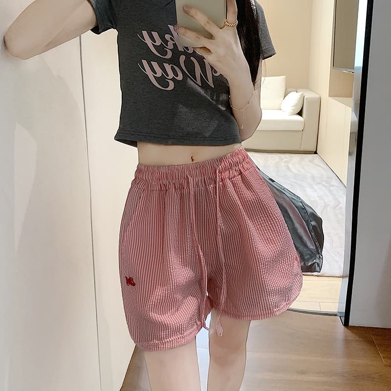 한국 동대문 슈퍼 화재 세로 줄무늬 펌프 로프 알파벳 자수 넓은 다리가 짧다. 바지 루즈핏 여름 핫 바지 캐주얼 바지 상세 이미지 10