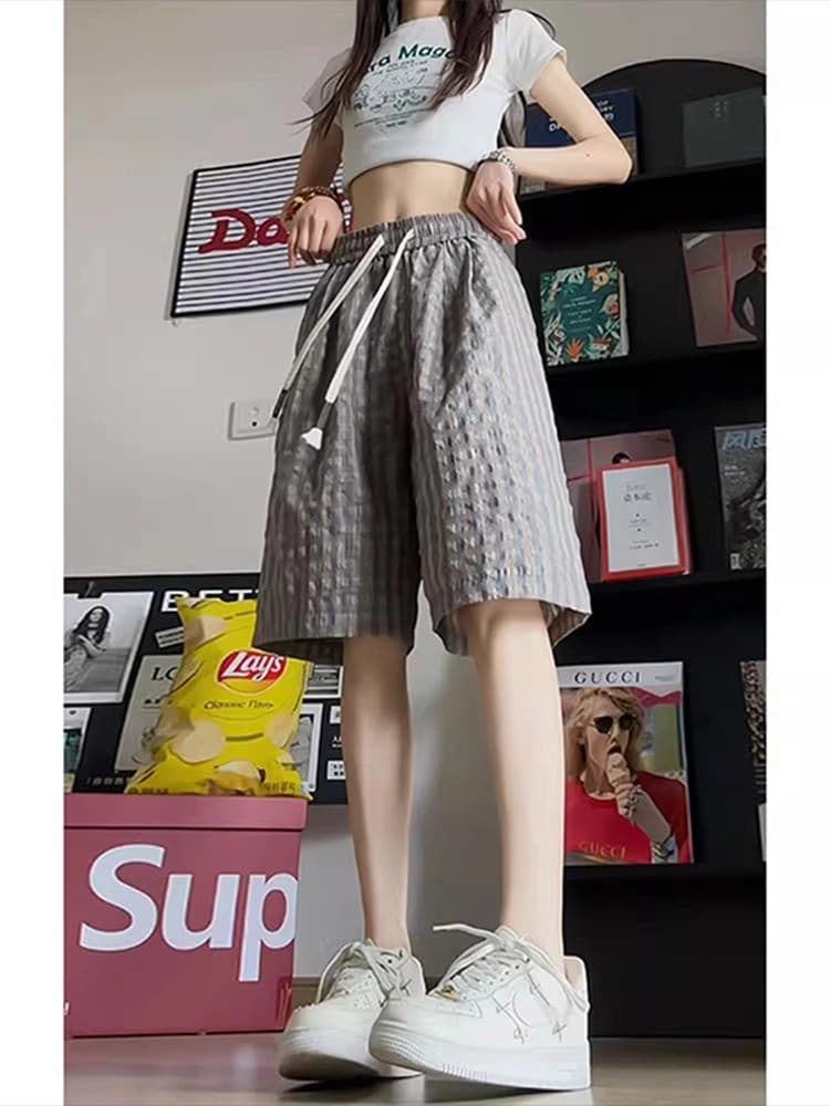 3 차원 허리 슈퍼 화재 Seersucker 운동 반바지 여름 얼음 실크 속도 건조한 체크무늬 오부 바지 아메리칸 캐주얼 바지