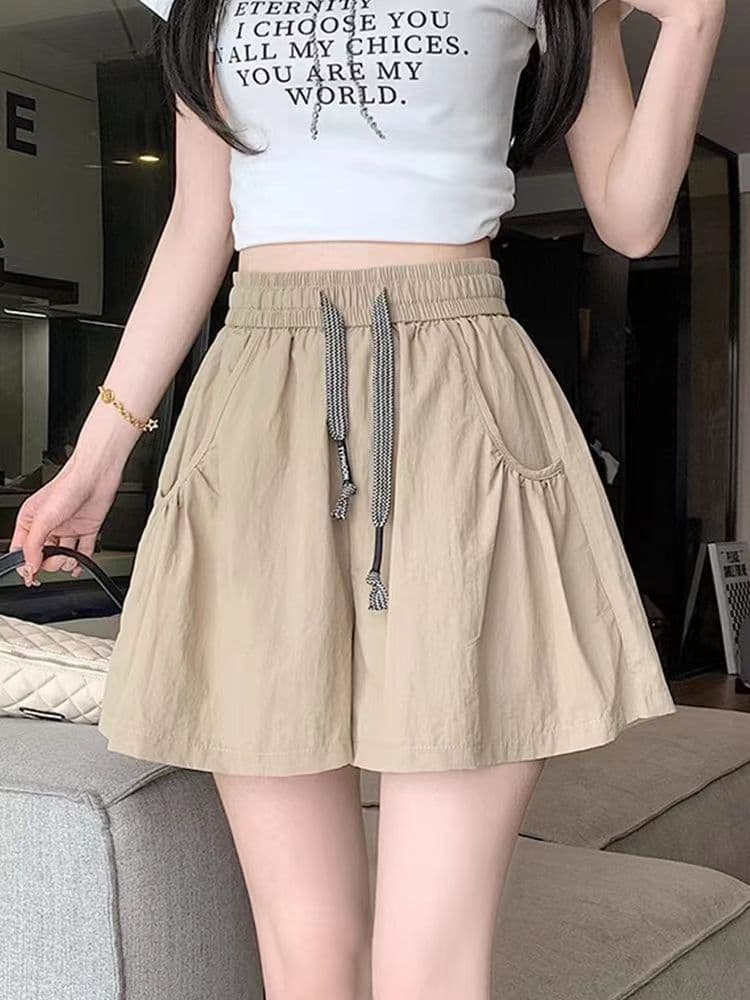 슈퍼 화재 허리밴드 워크웨어 캐주얼 반바지 얇은 스타일 새로운 작은 키 여름 펌프 로프 하이웨이스트 루즈핏 넓은 다리 핫 바지 이미지 4