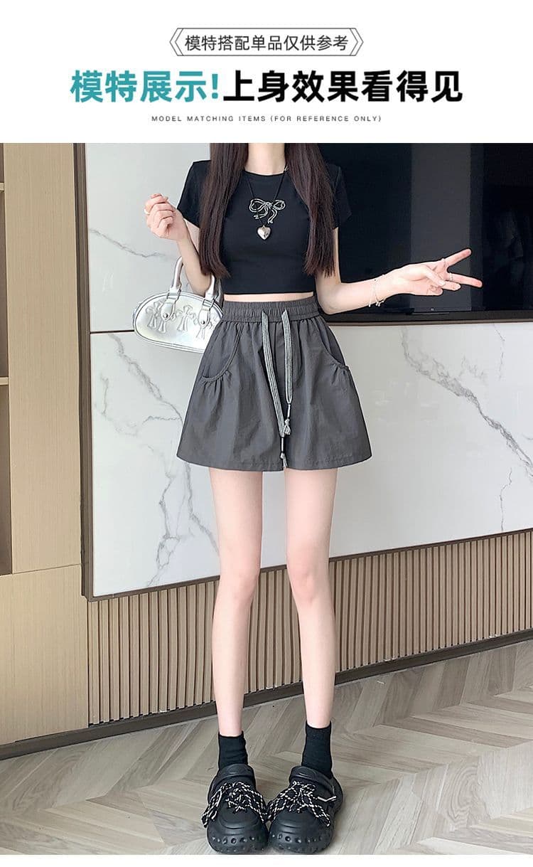 슈퍼 화재 허리밴드 워크웨어 캐주얼 반바지 얇은 스타일 새로운 작은 키 여름 펌프 로프 하이웨이스트 루즈핏 넓은 다리 핫 바지 상세 이미지 20