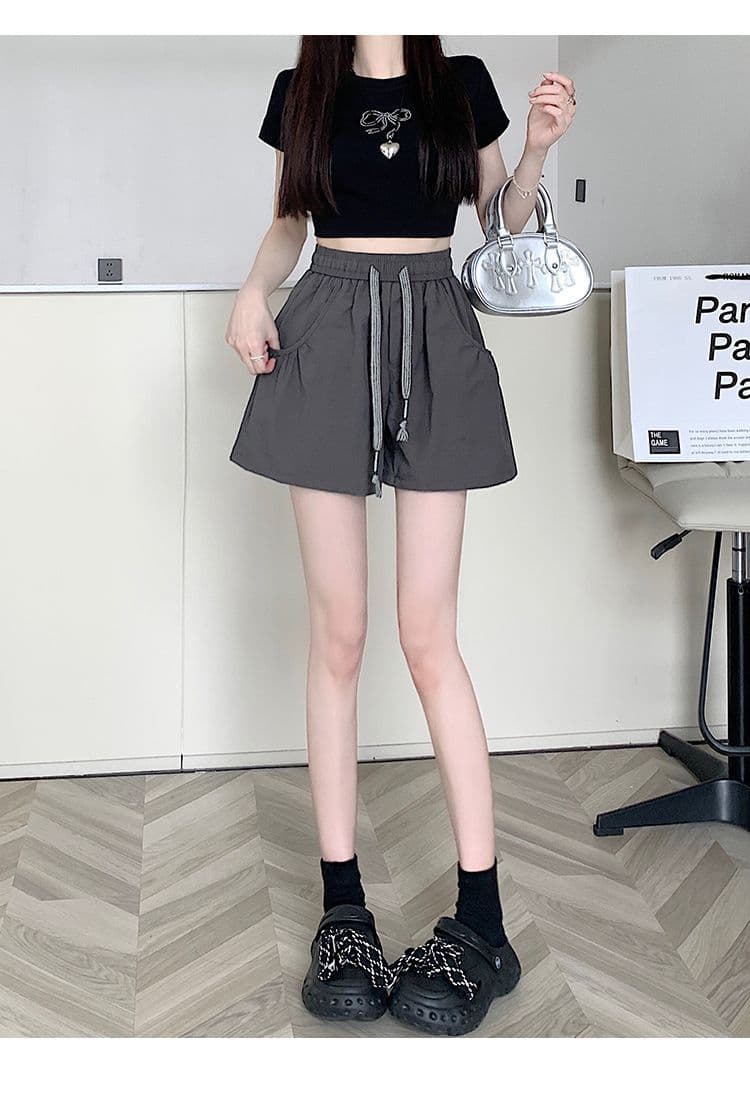 슈퍼 화재 허리밴드 워크웨어 캐주얼 반바지 얇은 스타일 새로운 작은 키 여름 펌프 로프 하이웨이스트 루즈핏 넓은 다리 핫 바지 상세 이미지 30