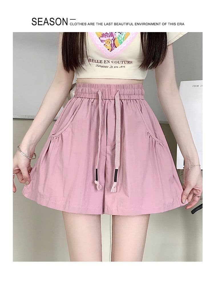 슈퍼 화재 허리밴드 워크웨어 캐주얼 반바지 얇은 스타일 새로운 작은 키 여름 펌프 로프 하이웨이스트 루즈핏 넓은 다리 핫 바지 상세 이미지 33