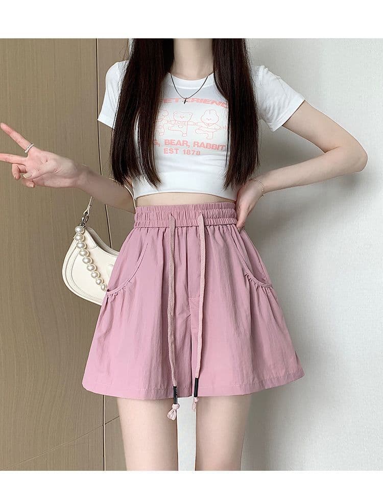 슈퍼 화재 허리밴드 워크웨어 캐주얼 반바지 얇은 스타일 새로운 작은 키 여름 펌프 로프 하이웨이스트 루즈핏 넓은 다리 핫 바지 상세 이미지 36