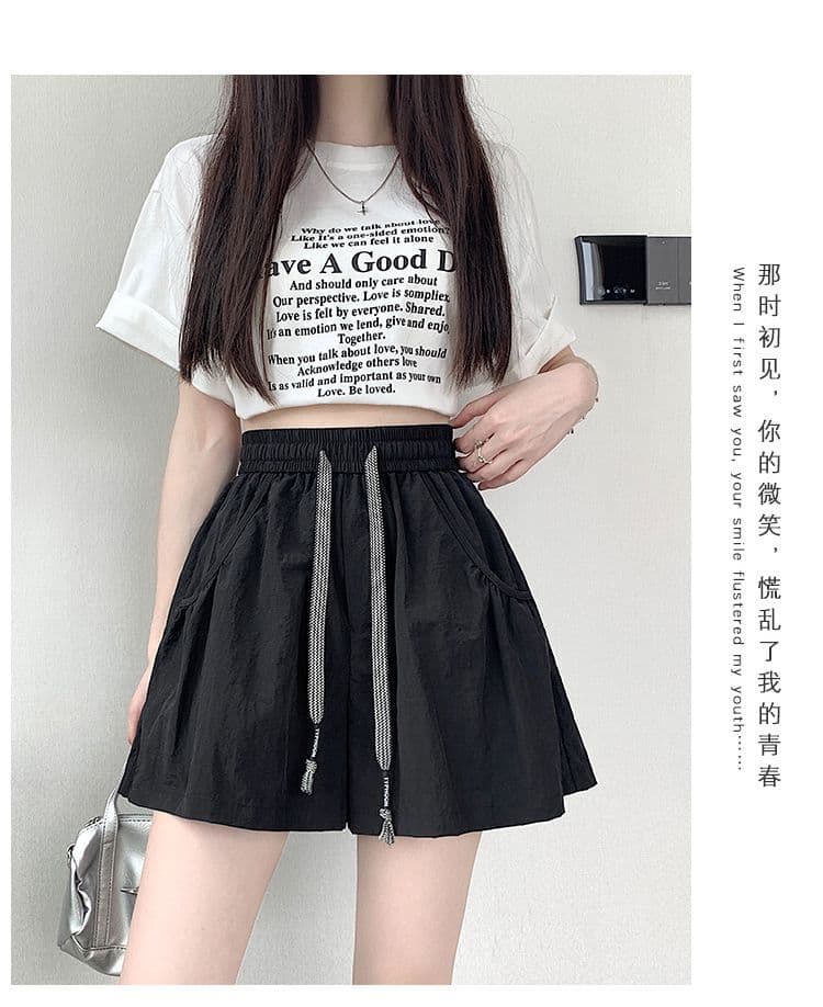 슈퍼 화재 허리밴드 워크웨어 캐주얼 반바지 얇은 스타일 새로운 작은 키 여름 펌프 로프 하이웨이스트 루즈핏 넓은 다리 핫 바지 상세 이미지 43