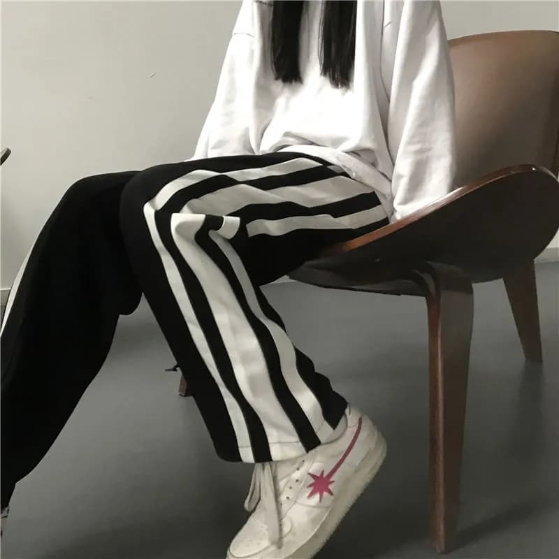 이른 가을 새로운 세로 줄무늬 vibe 바람 바지 중학생 캐주얼 작은 대중 운동 높음 거리 바람 운동 바지 와이드 레그 팬츠 이미지 5