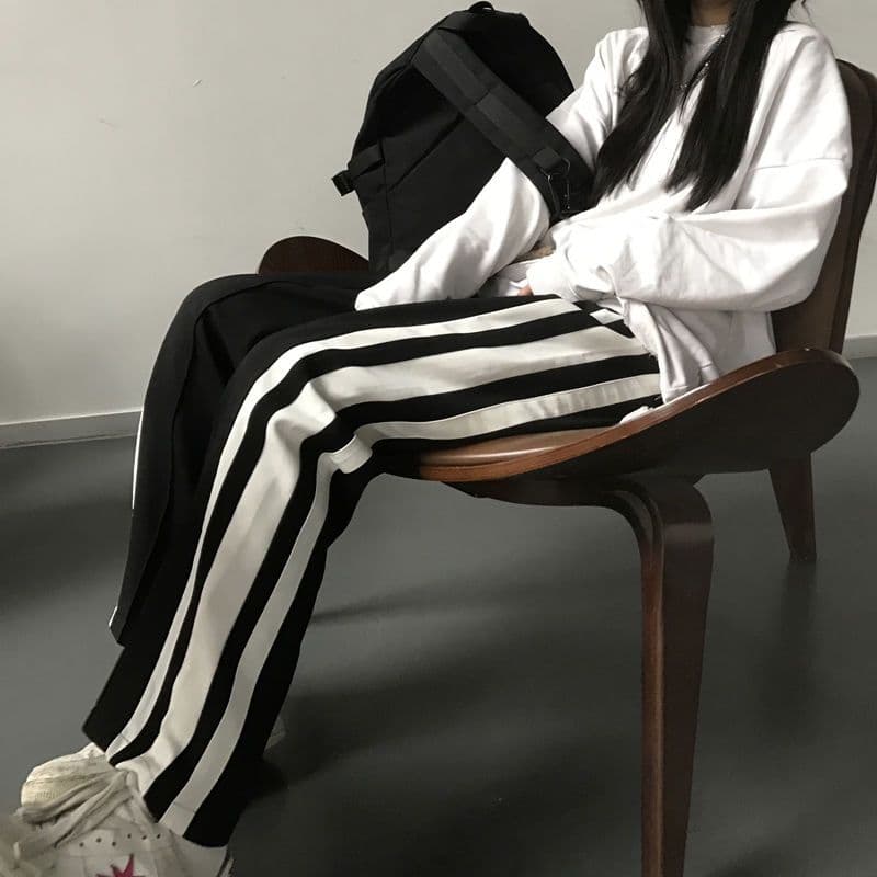 이른 가을 새로운 세로 줄무늬 vibe 바람 바지 중학생 캐주얼 작은 대중 운동 높음 거리 바람 운동 바지 와이드 레그 팬츠 상세 이미지 6