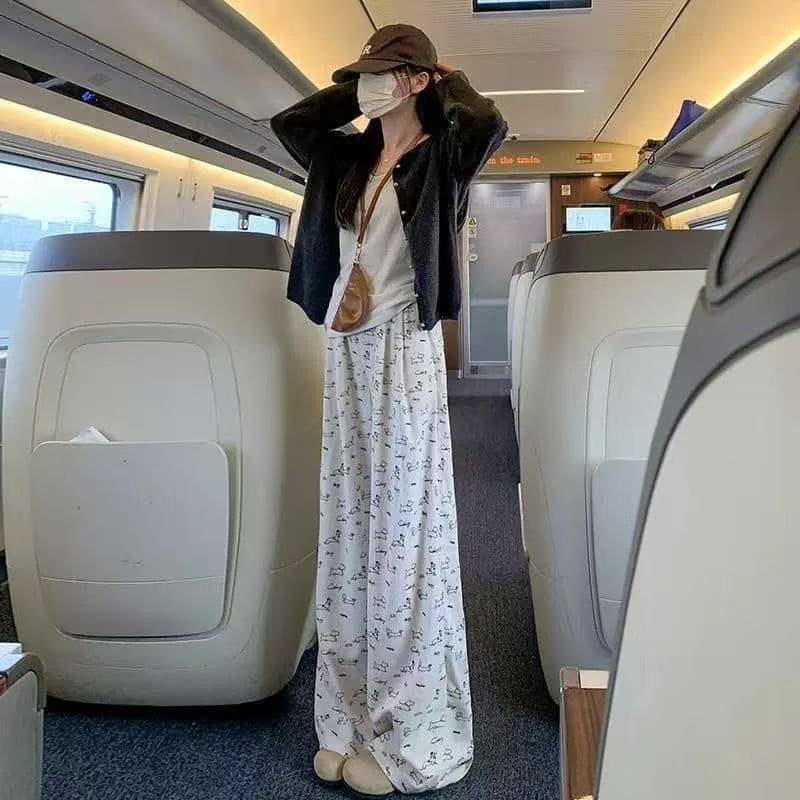 패션 슈퍼 화재 가을 얇은 스타일 바지 아이들 귀여운 개 전체 인쇄 쌀 와이드 레깅스 바지 루즈핏 편안함 와이드 레그 팬츠 이미지 5