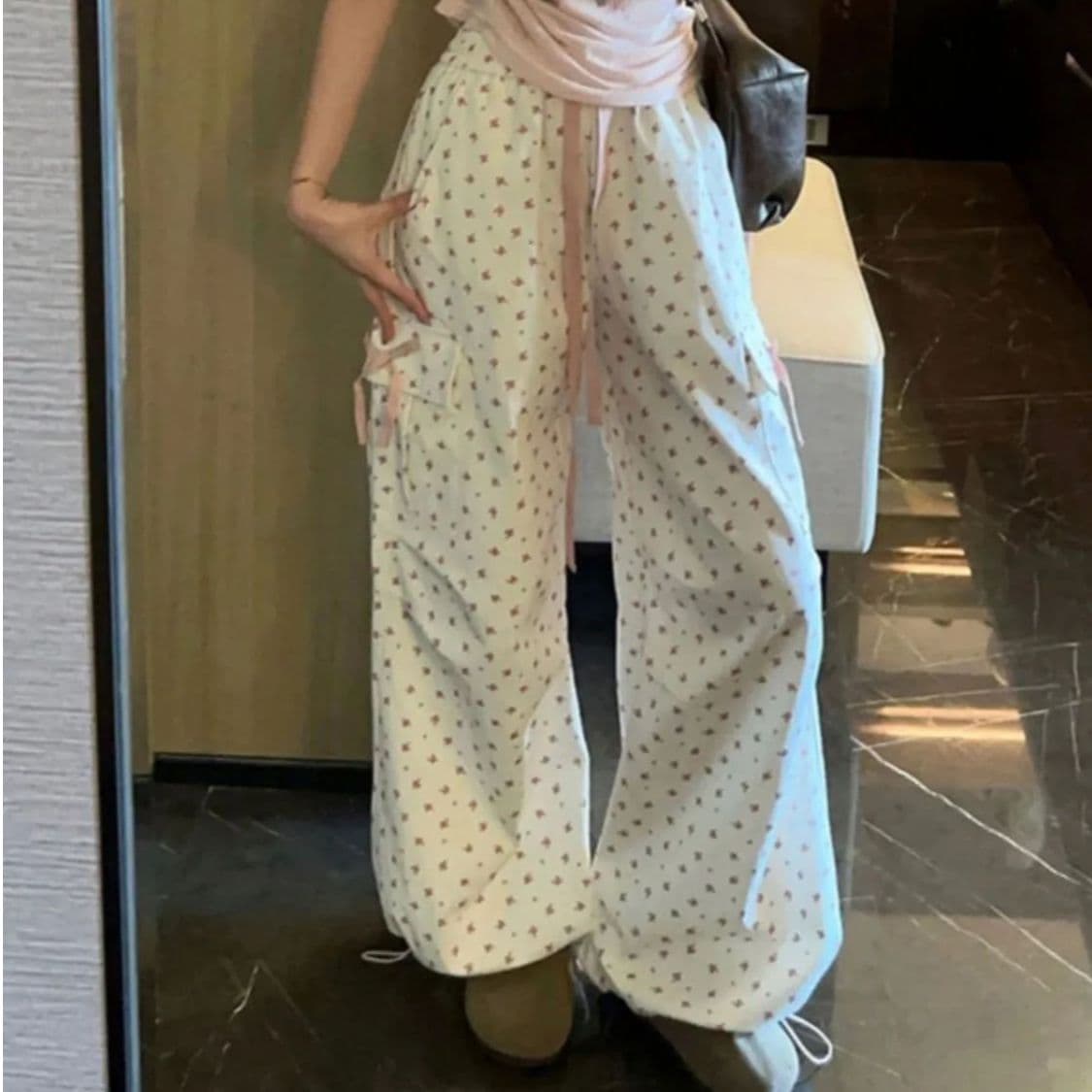 핫걸 펌프 로프 꽃무늬 워크웨어 캐주얼 바지 여성 가을 얇은 스타일 하이웨이스트 루즈핏 스트레이트 도루 센스 넓은 다리 바닥 청소 바지 상세 이미지 10