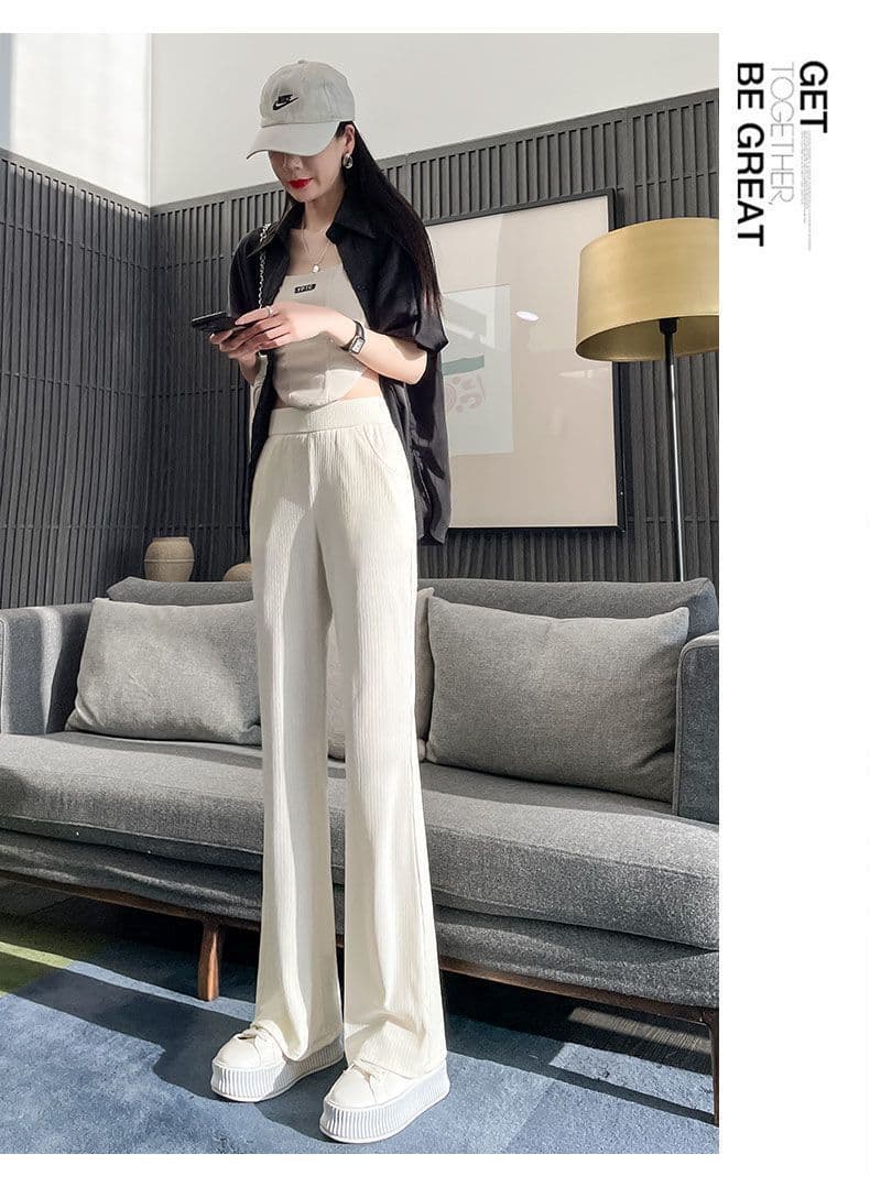 얼음 실크 마이크로 나팔 바지 와이드 레그 팬츠 아이들 가을 얇은 스타일 루즈핏 슬림해 보이는 하이웨이스트 빅 사이즈 캐주얼 스트레이트 운동 바지 상세 이미지 14