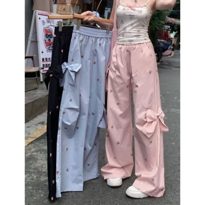 슈퍼 화재 작은 곰 캐주얼 워크웨어 팬츠 여성 가을 루즈핏 프린트 3 차원 나비 매듭 장식 달콤한 매운맛 다용도 와이드 레그 팬츠 이미지 4
