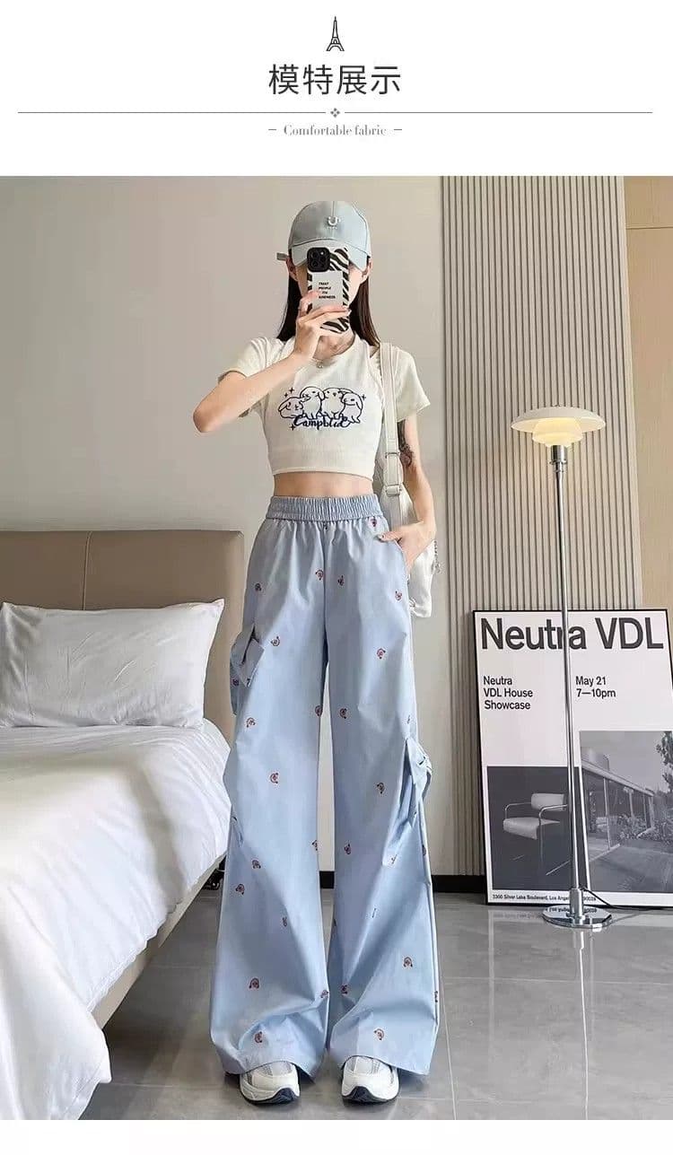 슈퍼 화재 작은 곰 캐주얼 워크웨어 팬츠 여성 가을 루즈핏 프린트 3 차원 나비 매듭 장식 달콤한 매운맛 다용도 와이드 레그 팬츠 상세 이미지 2
