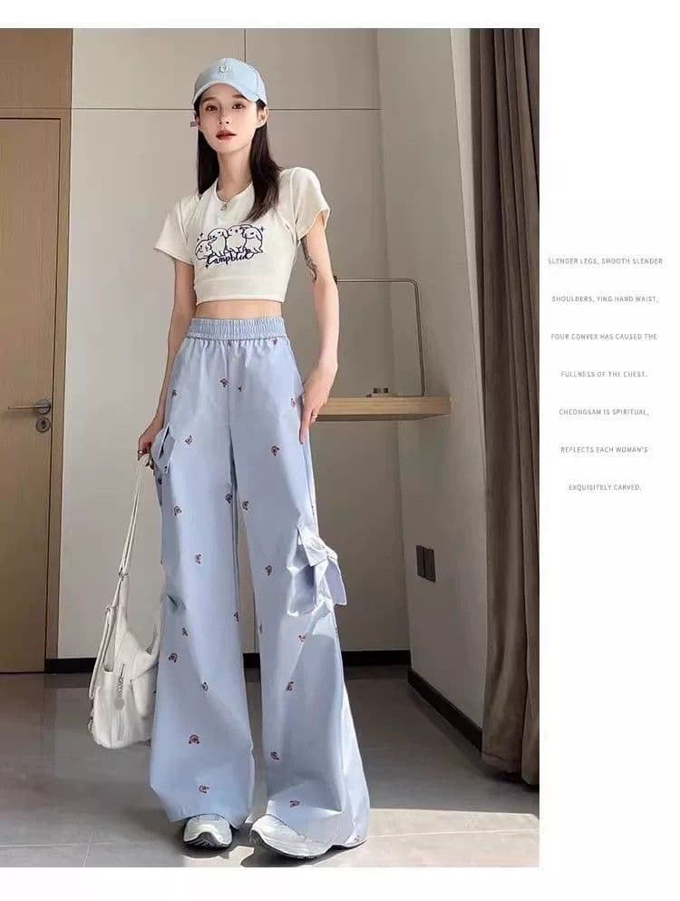 슈퍼 화재 작은 곰 캐주얼 워크웨어 팬츠 여성 가을 루즈핏 프린트 3 차원 나비 매듭 장식 달콤한 매운맛 다용도 와이드 레그 팬츠 상세 이미지 6