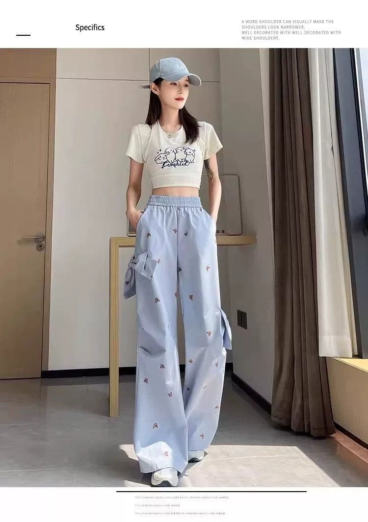 슈퍼 화재 작은 곰 캐주얼 워크웨어 팬츠 여성 가을 루즈핏 프린트 3 차원 나비 매듭 장식 달콤한 매운맛 다용도 와이드 레그 팬츠 상세 이미지 7