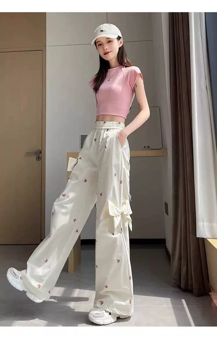 슈퍼 화재 작은 곰 캐주얼 워크웨어 팬츠 여성 가을 루즈핏 프린트 3 차원 나비 매듭 장식 달콤한 매운맛 다용도 와이드 레그 팬츠 상세 이미지 11