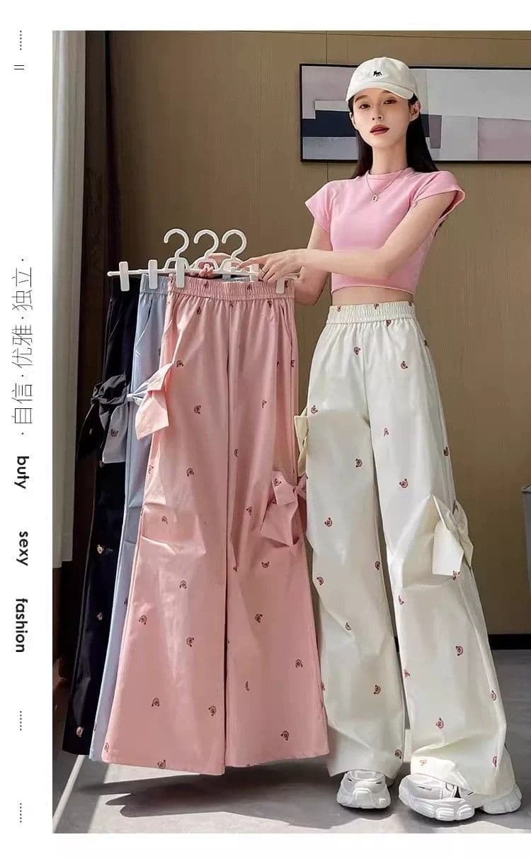 슈퍼 화재 작은 곰 캐주얼 워크웨어 팬츠 여성 가을 루즈핏 프린트 3 차원 나비 매듭 장식 달콤한 매운맛 다용도 와이드 레그 팬츠 상세 이미지 12