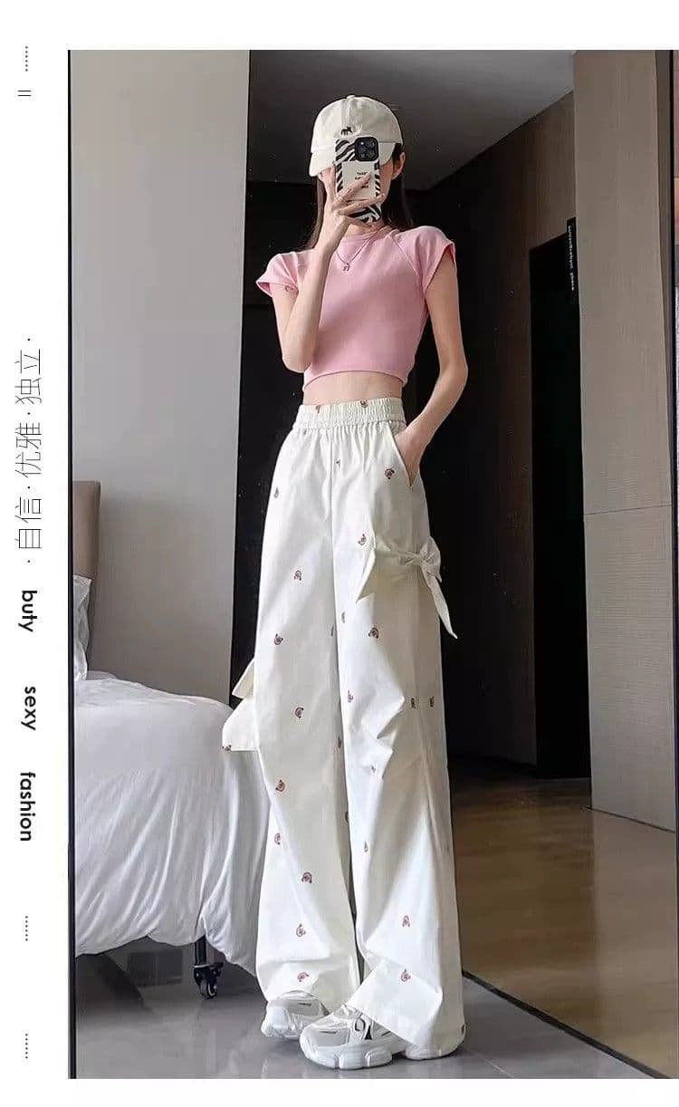 슈퍼 화재 작은 곰 캐주얼 워크웨어 팬츠 여성 가을 루즈핏 프린트 3 차원 나비 매듭 장식 달콤한 매운맛 다용도 와이드 레그 팬츠 상세 이미지 13