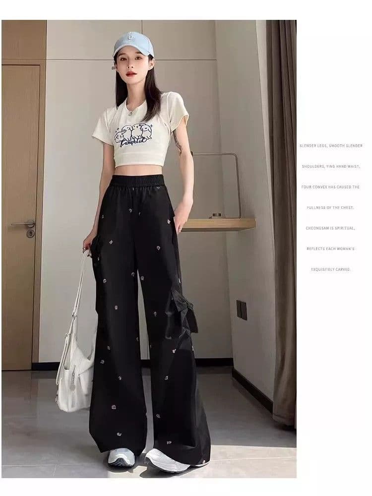 슈퍼 화재 작은 곰 캐주얼 워크웨어 팬츠 여성 가을 루즈핏 프린트 3 차원 나비 매듭 장식 달콤한 매운맛 다용도 와이드 레그 팬츠 상세 이미지 16