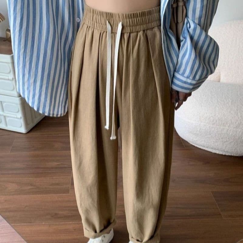 슈퍼 화재 일본식 면 린넨 와이드 레깅스 바지 루즈핏 편안함 할란 무 운동 바지 하이웨이스트 할머니 바지 워크웨어 팬츠 트렌디 이미지 5