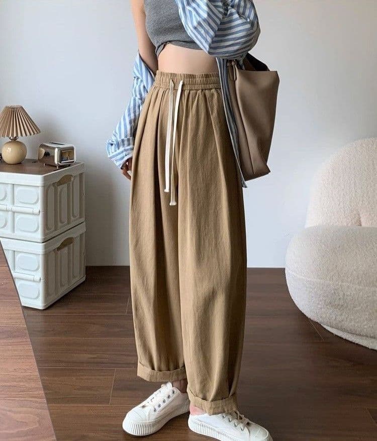슈퍼 화재 일본식 면 린넨 와이드 레깅스 바지 루즈핏 편안함 할란 무 운동 바지 하이웨이스트 할머니 바지 워크웨어 팬츠 트렌디 상세 이미지 25