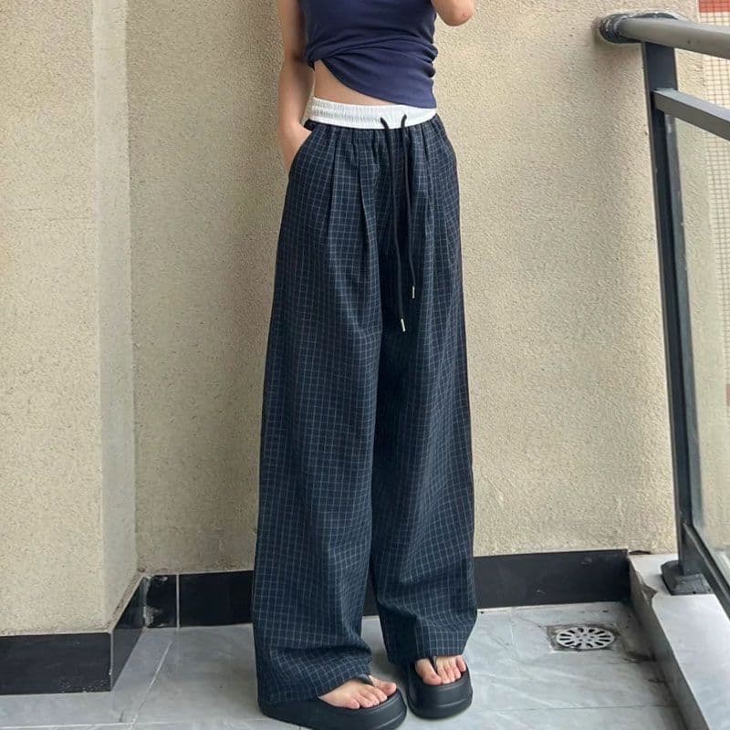 아메리칸 배색 허리 머리 캐주얼 바지 커플 섹션 펌프 로프 한 마디 스트레이트 팬츠 느긋한 루즈핏 넓은 다리 체크무늬 긴 바지 트렌디 상세 이미지 9
