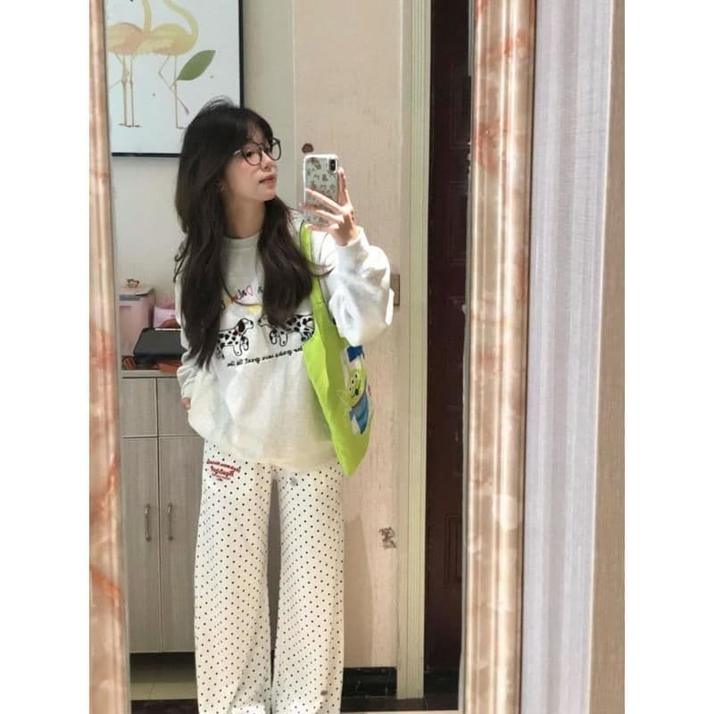 가을 개성 도트 무늬 디자인 센스 다용도 캐주얼 바지 한국 스타일 개성 학생 출퇴근 와이드 레그 팬츠 자수 프린트 섹션 이미지 2
