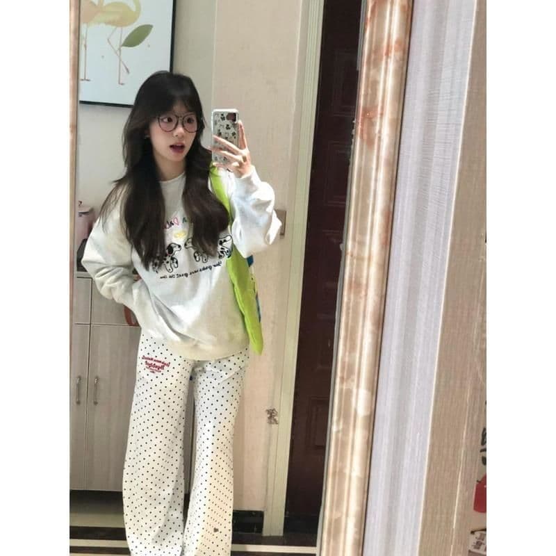 가을 개성 도트 무늬 디자인 센스 다용도 캐주얼 바지 한국 스타일 개성 학생 출퇴근 와이드 레그 팬츠 자수 프린트 섹션 이미지 3